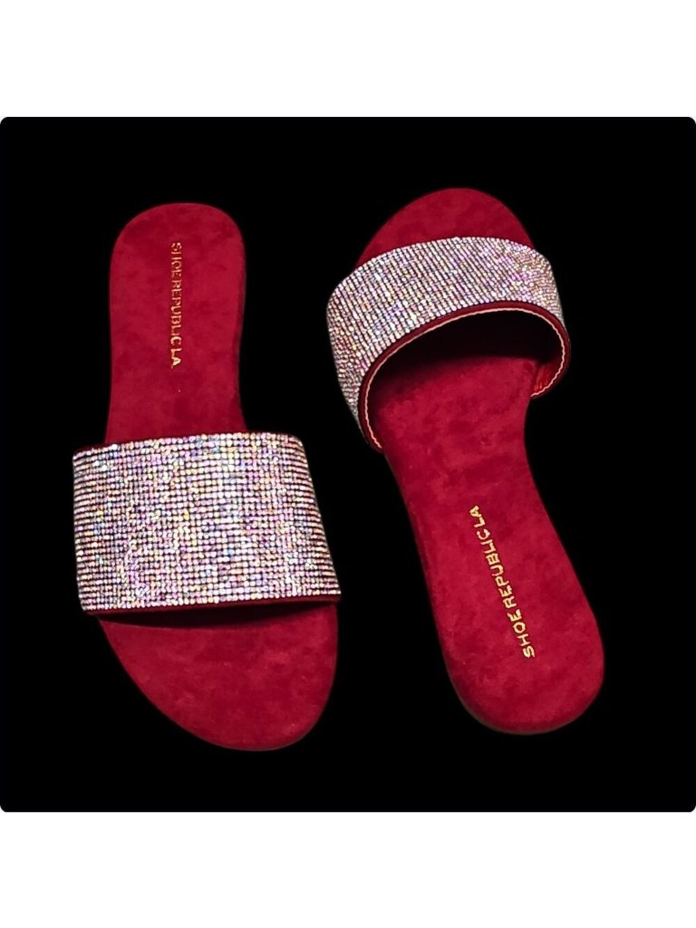 Womens Wine Rhinestone Flat Slide Sandals